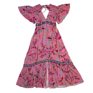 NWT by Anthropologie Ruffled Embroidered Maxi in Pink Floral V-neck Dress S thumbnail 7