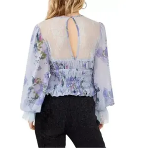 Free People Daphne Floral-print Smocked Top blouse blue purple sz L thumbnail 2