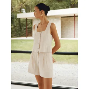 Commense Old Money Linen Blend Elegant Casual Khaki Vest Shorts Set M thumbnail 6
