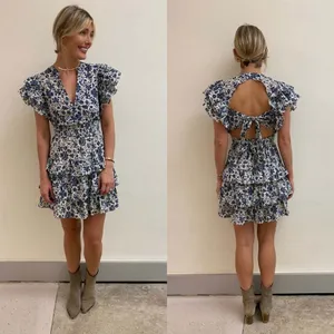 Love The Label Isla Smocked Tie-Back Ruffle Mini Dress XS Boho Date Floral‎ thumbnail 2