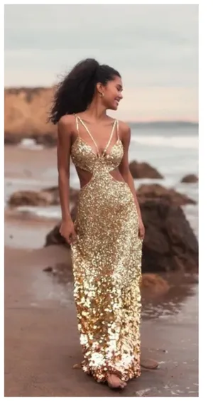 NWT Mac Duggal 6077 Gold Thin Strap Cut Out Gown With Ombre Sequins Size 8 thumbnail 16