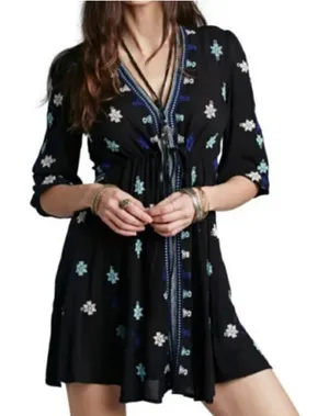 Free People Stargazer Mini Dress Embroidered V-Neck Tie Waist Black Blue Small thumbnail 1