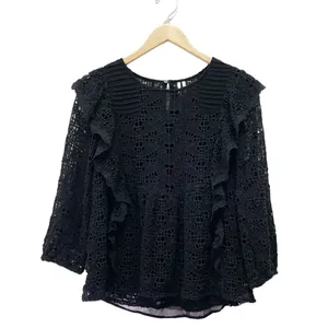 Anthropologie Clementine Eyelet Lace Blouse Black Ruffle Puff Sleeve Size 6 thumbnail 2