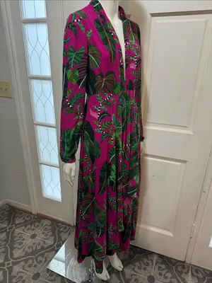 Farm Rio Boho Tropical Print Long Sleeve Maxi Dress in Fuchsia Size Small thumbnail 9