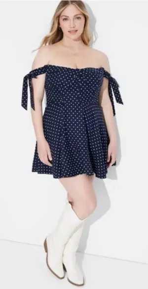 🌼Megan Maroney Navy Blue Polka Dot Off The Shoulder Dress🌼 thumbnail 1