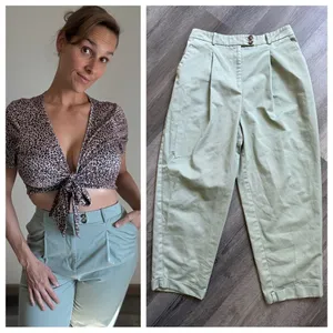 TOPSHOP Pleated High Rise Pants Sage Green US 6 Cropped thumbnail 3