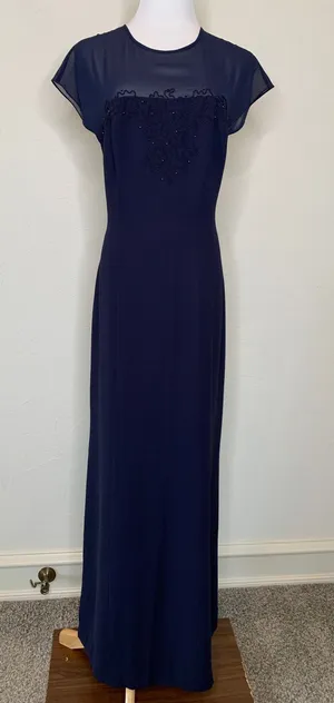 Donna Morgan Navy Blue Formal Maxi Dress Sz 10 Sheer Neckline thumbnail 1