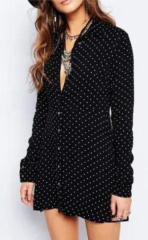 Free People This Town Printed Button Down Dress Black and White Polka Dot Medium thumbnail 1