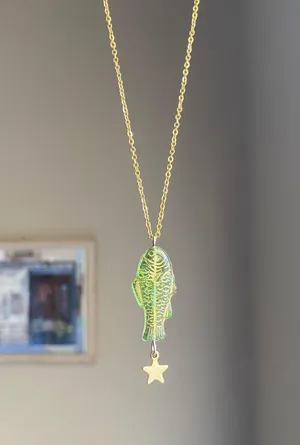 Handmade quality Czech glass green fish & star boho funky fairy necklace🌀🐟💚 thumbnail 2