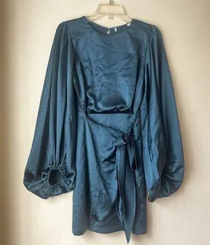 Petal & Pup Opal Navy Blue Satin Long Balloon Sleeve Wrap Mini Dress 4 thumbnail 13