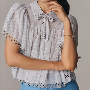 Anthropologie Maeve Short Sleeve Bow Collared Sheer Swing Blouse NWT Size XS thumbnail 2