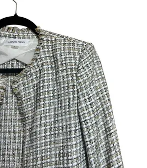 Calvin Klein Jacket Women 6 Multicolor Tweed Plaid Wool Blend Fringe Open Jacket thumbnail 3
