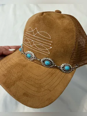 Brown Suede-Look Women’s Baseball Cap with Turquoise Concho Chain thumbnail 3