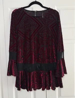 IC by Connie K Velvet Burnout Fringe Tunic Womens Size L Burgundy Boho Gothic thumbnail 1