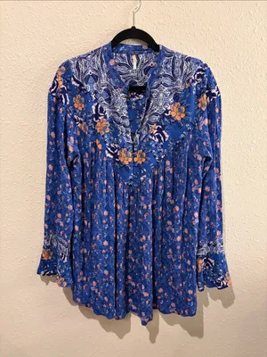 Free People Blue Floral Paisley Tunic with Orange Accents thumbnail 1