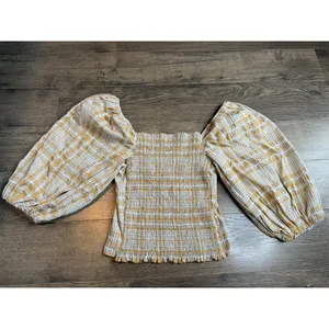 EUC Womens Maeve Anthropologie Square Neck Plaid Blouse puff‎ sleeve size M thumbnail 3