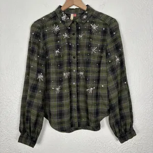 Pilcro Anthropologie Embroidered Sequin Plaid Flannel Shirt Size Small thumbnail 3