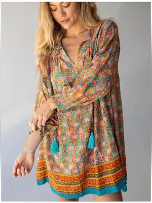 NWT Natural Life Dara V-Neck Tunic Dress Boho Floral Tassel Mini Medium thumbnail 10