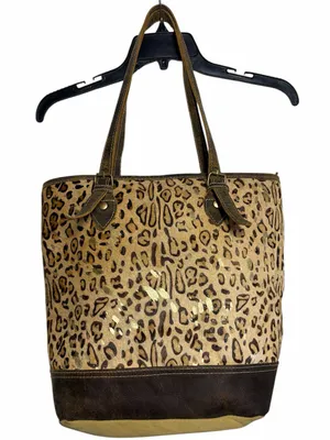 NWOT Myra Bag Barbarian Hair Leopard Gold Tan‎ Canvas Brown Leather Zip Tote Bag thumbnail 2