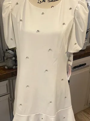 NWT Crystal Doll White Mini Dress with Puff Sleeves and Rhinestones Accents thumbnail 2