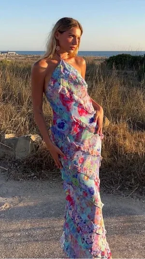 Zara ruffle printed halter midi Dress NEW thumbnail 1