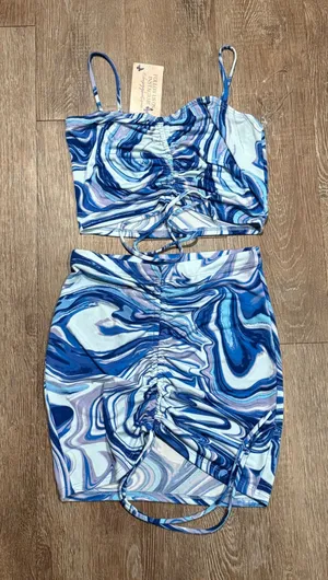 Blue Marble Ruched Crop Top & Mini Skirt Set thumbnail 1