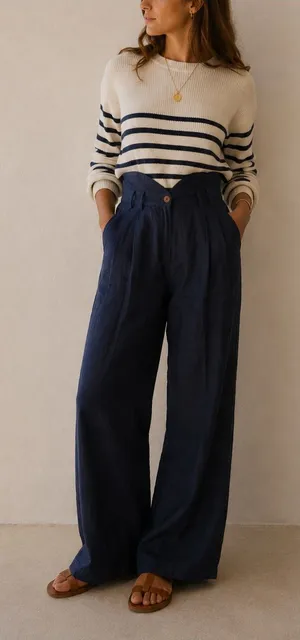 Stillwater Linen Knotch Waist Pants Size Small Navy Blue Coastal Beach Wide Leg thumbnail 1