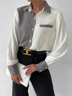 Shein Women's Two-Tone Houndstooth Contrast Button-Up Shirt - White/Black thumbnail 1