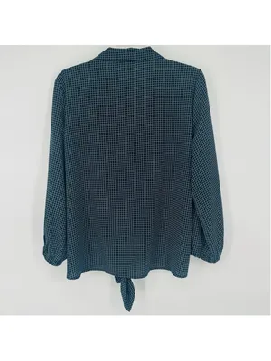 Ann Taylor Navy White Geometric Blouse L Tie Front Button Down 3/4 Sleeve thumbnail 2