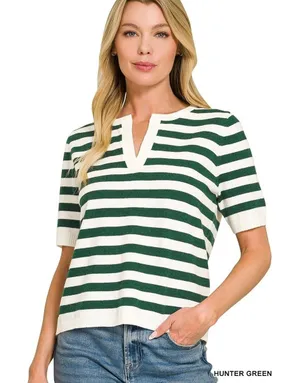 Zenana Split Neck Stripe Short Sleeve Sweater - Hunter Green‎ - Medium thumbnail 1