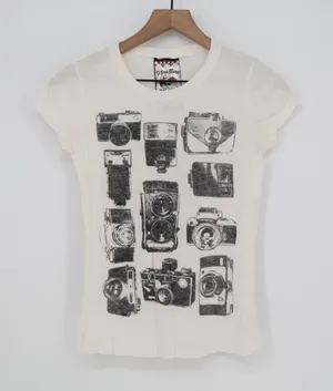 A Fine Mess T-Shirt Womens S White Vintage Camera Graphic Excellent thumbnail 1