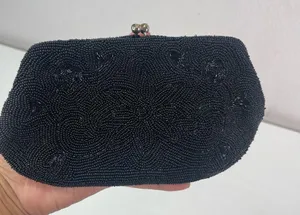 Vtg Beaded Blk Evening Bag Clutch Purse Kiss Lock Hand Made Gypsy Goth Whimsical thumbnail 1