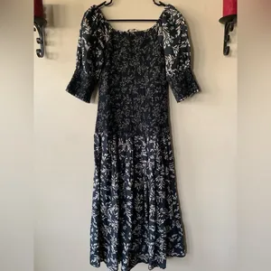 Zara Penny Ruched Black Floral Linen Blend Boho Puff Midi Dress Size Small thumbnail 10
