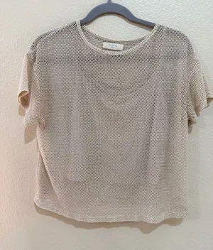 Elodie Mesh Knit Crop Top Beige Shiny Shimmer Overlay Short Sleeve Size S thumbnail 1