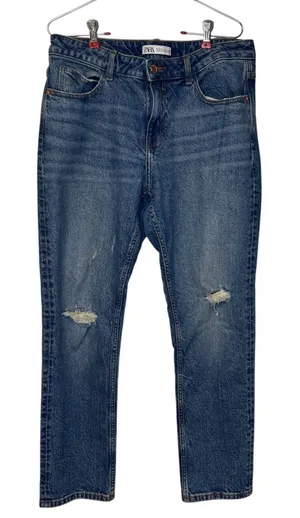 Zara Women's Jeans Distressed Boyfriend Tapered Wash Denim Blue Mid‎ Rise Size 8 thumbnail 1