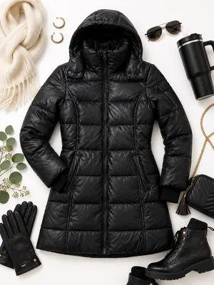 Noize Black Hooded Puffer Jacket Vegan Leather Trim Womens Medium Belt Missing thumbnail 14