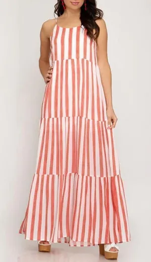 She + Sky Womens Striped‎ Adjustable Strap Tiered Maxi Dress White Coral Medium thumbnail 1
