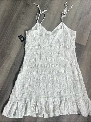 NWT Express White Black Polka Dot Smocked Midi Dress XL Tie Strap thumbnail 10