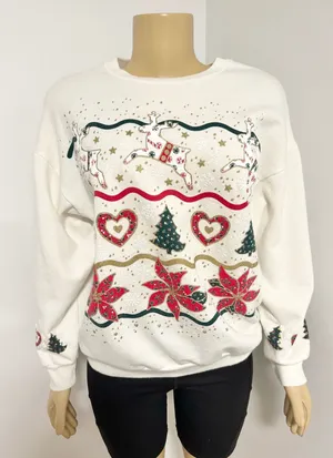 Vintage 90s NutCracker Christmas Sweatshirt White Reindeer Poinsettia Glitter M thumbnail 1