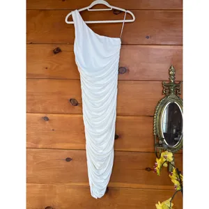 Lulus Total Appeal White Ruched One-Shoulder Bodycon Midi Dress Party Size M thumbnail 4