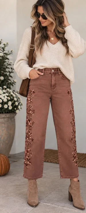 Altar'd State Rosewood Embroidered Straight-Leg‎ Jeans thumbnail 1