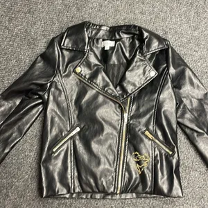 Disney D-Signed Girls Black Faux Leather Moto Jacket Gold Heart Embroidered L thumbnail 2