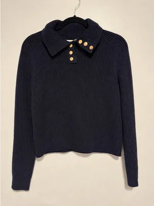 Mango MNG Navy Blue Ribbed Knit Polo Sweater Gold Buttons Size S Coastal Preppy thumbnail 1