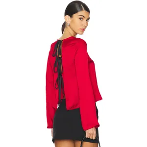 Free People Arabella Blouse Rubies Red Satin Long Sleeve Bow Back Medium NWT thumbnail 9