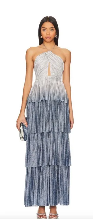 Line & Dot Oracle Maxi Dress Denim Blue Halter Tiered Ruffle Formal Gown thumbnail 1