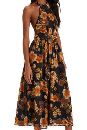 Lulus Charming Vision black floral Swiss dot Lurex halter midi dress thumbnail 4