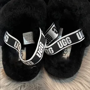 NWOT UGG Black Fluffy Slides Strappy Back sz 6 thumbnail 2
