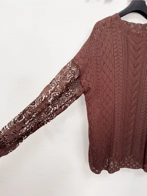 Miss Sparkling Brown Crochet Lace Open Knit Long Sleeve Boho Sweater Top XL thumbnail 3