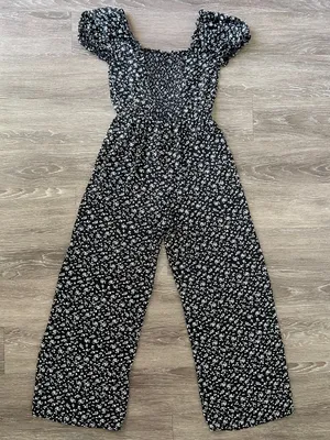 TRIXXI Black Floral Wide Leg Jumpsuit Puff Sleeve Smocked Back S thumbnail 4