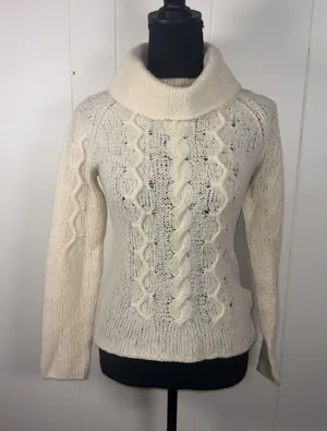 j crew black tag wool cable‎ knit turtleneck sweater beige loose knit med thumbnail 1